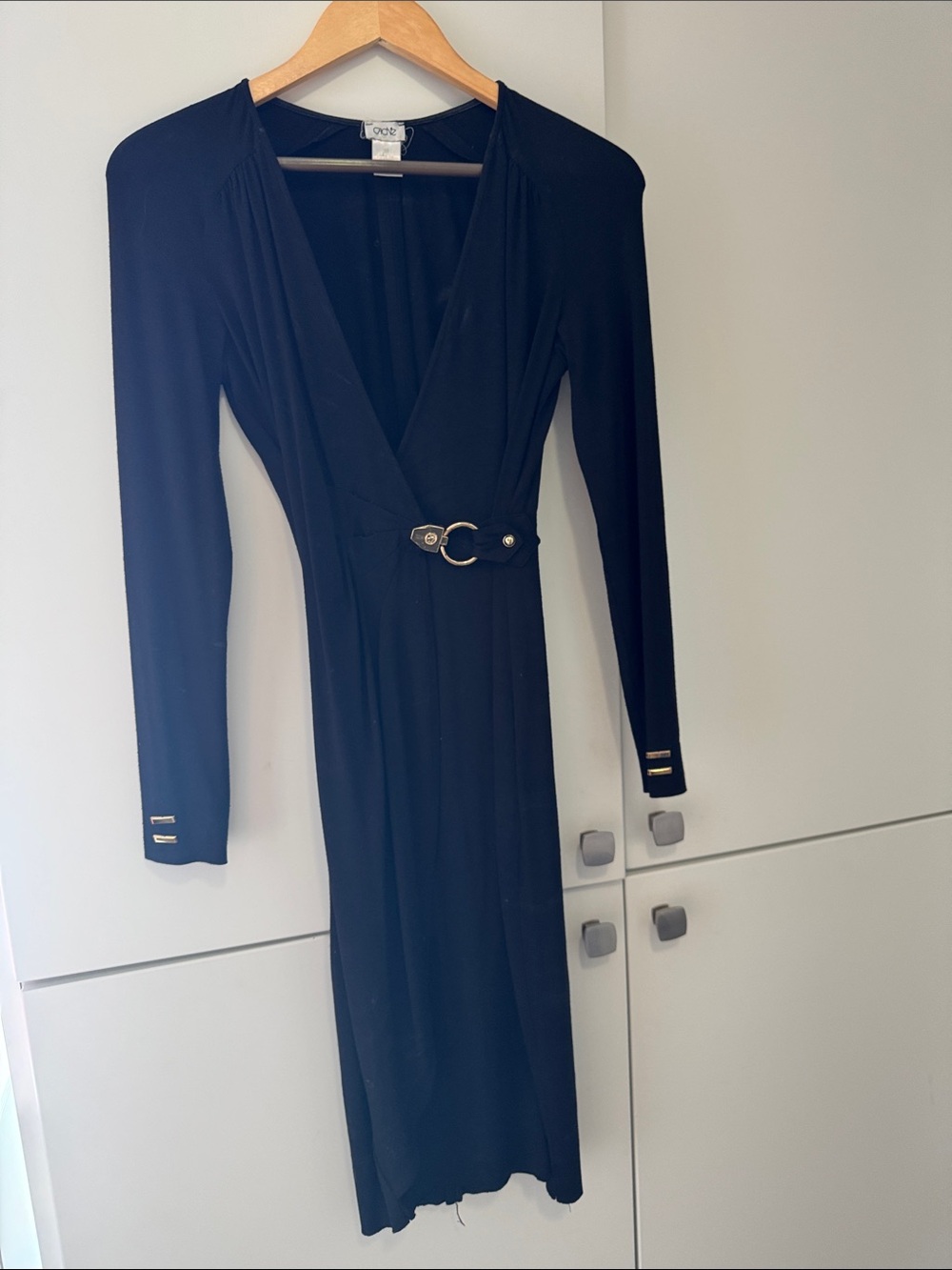 Black Long Sleeve Wrap Midi Dress with Gold Hardware